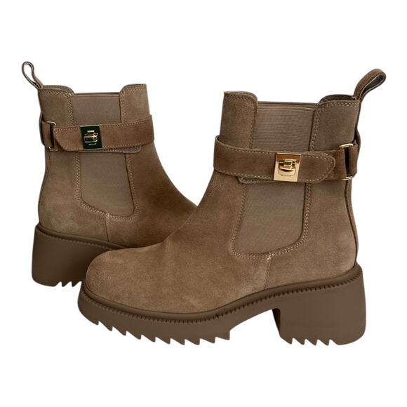 Steve Madden Gates Tan Suede Chelsea Buckle Chunky Heel Boots Size 9 - Picture 7 of 14